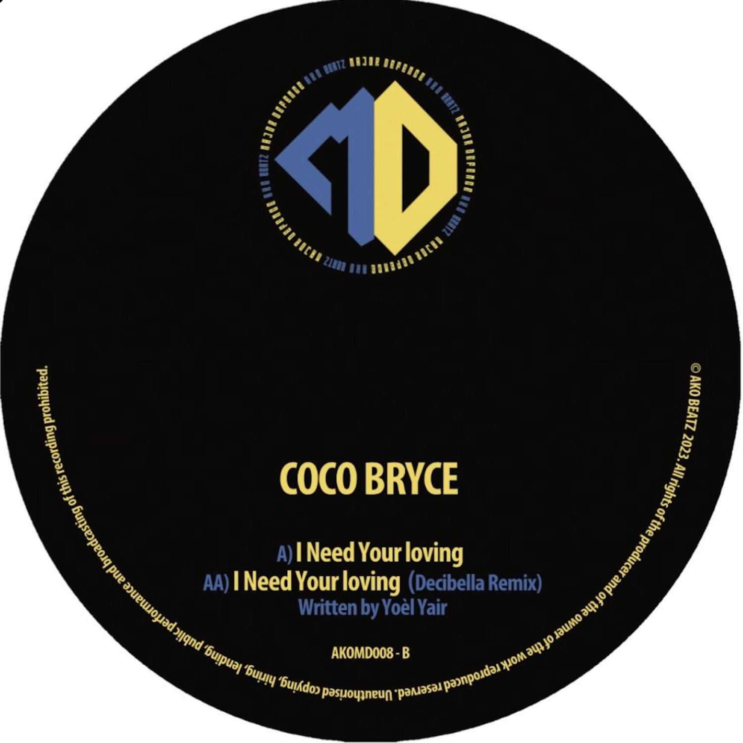 *PRE-ORDER* COCO BRYCE 'I NEED YOUR LOVING / DECIBELLA RMX' 12"