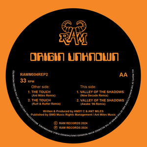 ORIGIN UNKNOWN 'THE TOUCH / VALLEY OF THE SHADOWS (2024 REMIXES)' 12" (ORANGE WAX)