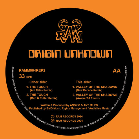 ORIGIN UNKNOWN 'THE TOUCH / VALLEY OF THE SHADOWS (2024 REMIXES)' 12" (ORANGE WAX)