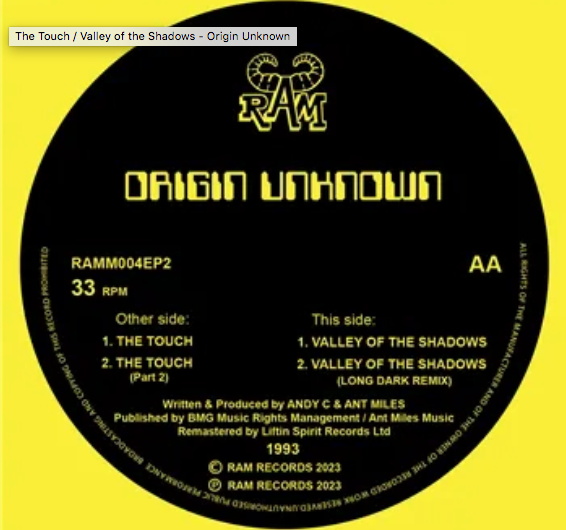 ORIGIN UNKNOWN 'THE TOUCH / VALLEY OF THE SHADOWS' 12" (YELLOW REPRESS)