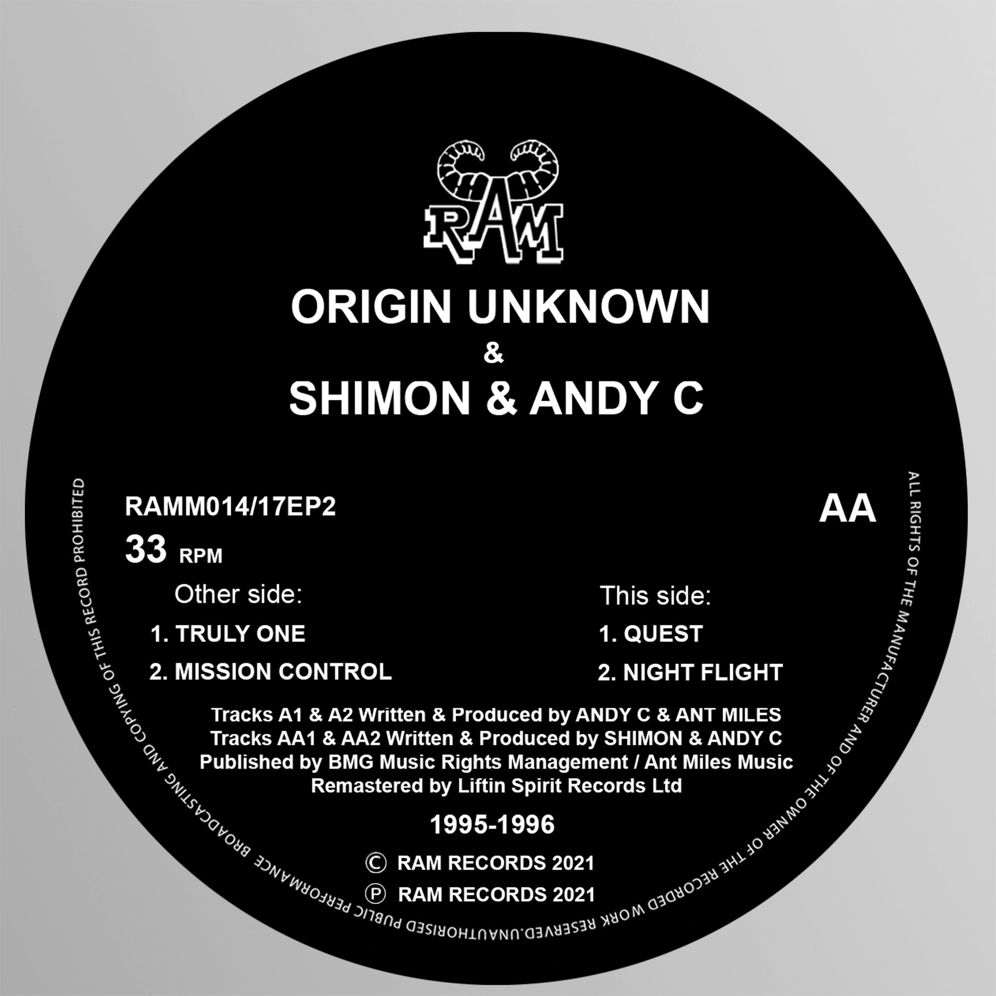 ORIGIN UNKNOWN / SHIMON & ANDY C 'TRULY ONE / MISSION CONTROL / QUEST / NIGHT FLIGHT' 12" (REISSUE)