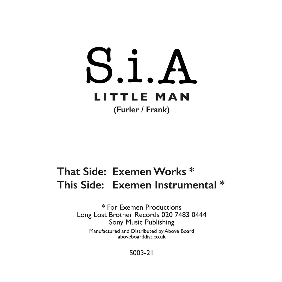 S.I.A 'LITTLE MAN (EXEMEN WORKS)' 12" (REISSUE)